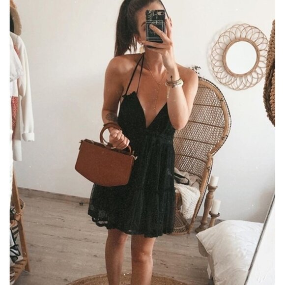 Tie back halter mini dress backless lace layered polkadot boho black - Picture 1 of 8